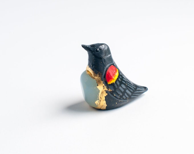 Redwing Blackbird with Crystal Figurine | Song Bird Talisman | Opalite | Worry Stone | For New Beginnings