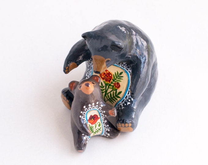 CUSTOM Parent and Baby Bear Talisman | Choose Your Birth Flowers | Bear Figurines | Birth Flower Gift | Choose Bear Species and Birth Flower