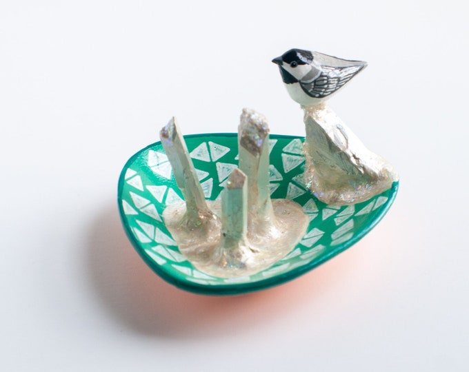 Chickadee and Crystals Jewelry Dish | Bird Jewelry Holder | Large Dish with Ring Holders