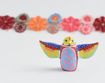 Neon Owl Figurine: Colorful Geometric Polymer Clay Totem
