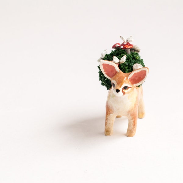 Fennec Fox: The Woodland Traveler | Fox Figurine with the Forest on His Back | Mushrooms and Moths | Gift for Nature Lover