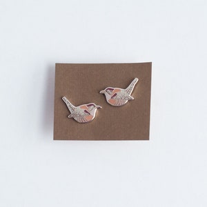 House Wren Earrings | Enamel Jewelry | Stud Earrings | Song Bird | Post Earrings | Bird Jewelry