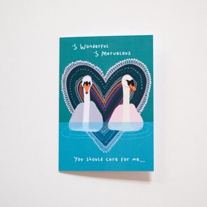 Carte S Wonderful, S Marvelous | Carte de Saint-Valentin | carte d'anniversaire | Paire de cygnes | Carte coeur amour