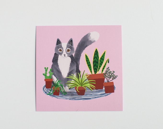 Kitty in the Plant Room Print | 4.75" Square Print | Cat and Plant  Decor | Print by Emily Rose Thomson