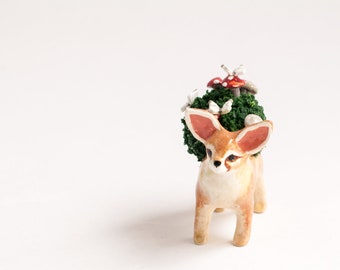 Fennec Fox: The Woodland Traveler | Fox Figurine with the Forest on His Back | Mushrooms and Moths | Gift for Nature Lover