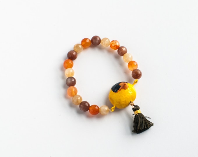 Goldfinch Mala Bracelet: Carnelian, Peach Moonstone, Citrine | Song Bird Beaded Bracelet | Stretch Beaded Bracelet