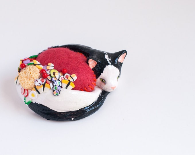 Yoshi the Cat Pin Cushion  | Japanese Cuisine | Cat Sculpture | Sewing Supplies | Black and White Cat Figurine | Limited Edition