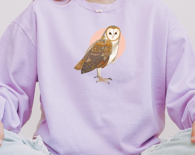Comfort Color Sweatshirt | Bird Sweatshirt | BARN OWL on Orchid | Crew Neck Sweatshirt for Nature Lovers | 1566 | Gift For Bird Nerd