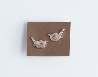 Enamel House Wren Stud Earrings: Silver Plated Bird Jewelry