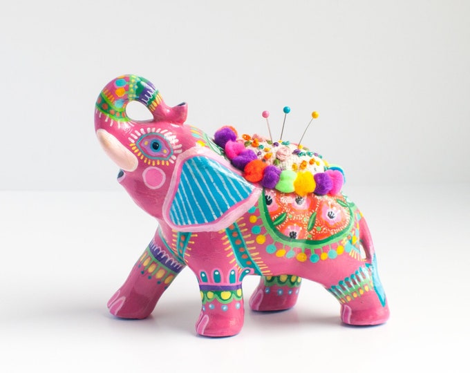 UPCYCLED Elephant Planter-Turned-Pin Cushion  | Pink Elephant Sculpture | Sewing Supplies | Vintage Elephant Figurine | Limited Edition