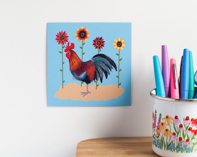 Rooster Among Sunflowers Print | 4.75" Square Print | Chicken Kitchen Decor | Print by Emily Rose Thomson