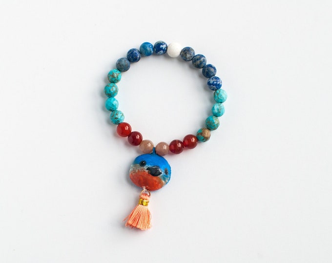 Eastern Bluebird Mala Bracelet: Carnelian, Turquoise, & Sodalite | Song Bird Beaded Bracelet | Stretch Beaded Bracelet