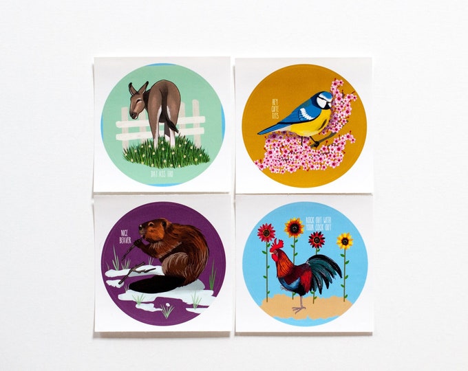 Naughty Animal Sticker | Pick Your Naughty Animal Sticker | Beaver, Donkey, Blue Tit, Rooster | 3" Round | Funny Stickers