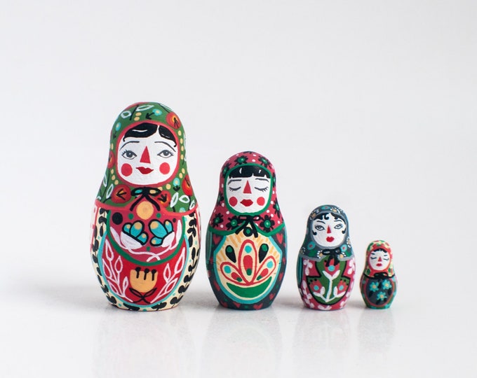 Traditional Russian Nesting Dolls by Emily Rose Thomson / Set of 4 / Colorful Folk Art/ Matryoshka Art Dolls