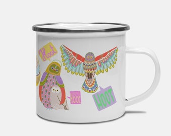 Hoot Owl Enamel Camp Mug: Bird Coffee Cup, Gift for Hiker
