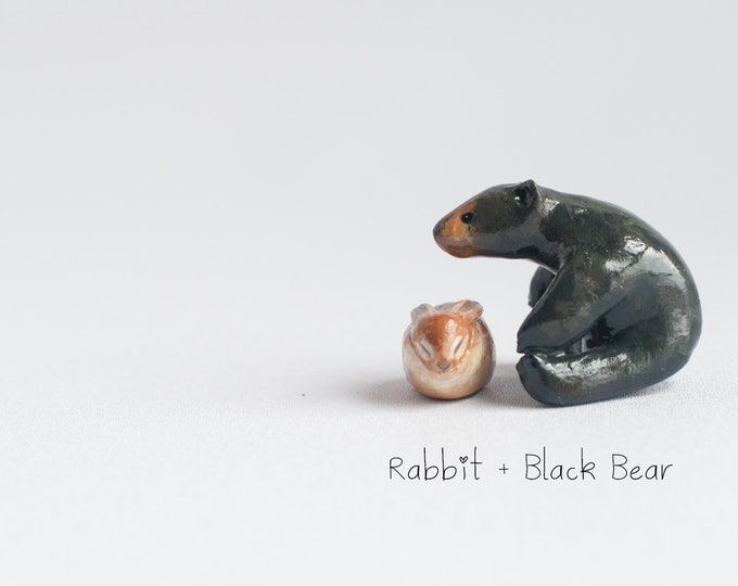 Rabbit + Black Bear: Best Friends Animal Collection | Clay Animal Figurines
