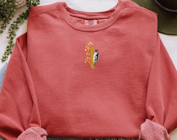 Comfort Color Sweatshirt | Bird Sweatshirt | DOWNY WOODPECKER on Crimson | Crew Neck Sweatshirt for Nature Lovers | 1566 | Bird Nerd Gift
