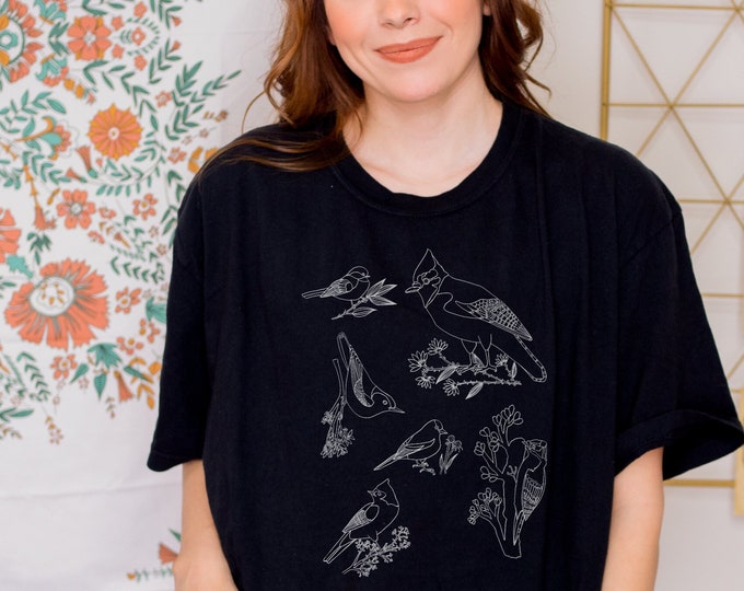 Bird TShirt | Backyard Birds Shirt | Comfort Colors | Bird Species Line Drawing by Emily Rose Thomson |  Gift | Minimalist Tee
