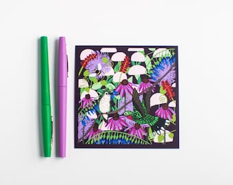 Hummingbirds in a Woodsy Garden Print | 4.75" Square Print | Woodland Bird Decor | Print by Emily Rose Thomson