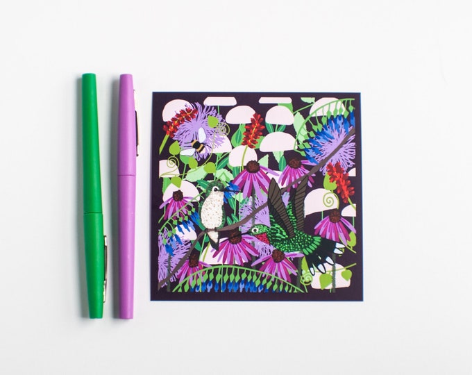 Hummingbirds in a Woodsy Garden Print | 4.75" Square Print | Woodland Bird Decor | Print by Emily Rose Thomson