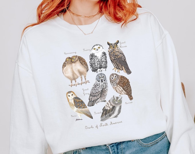 OWLS of North America | Comfort Color Sweatshirt  | Owl Species | Crew Neck Sweatshirt for Nature Lovers | 1566 | Gift For Bird Nerd