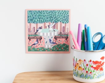 Pigeons in Central Park Print | 4.75" Square Print | Cute City Decor | Print by Emily Rose Thomson