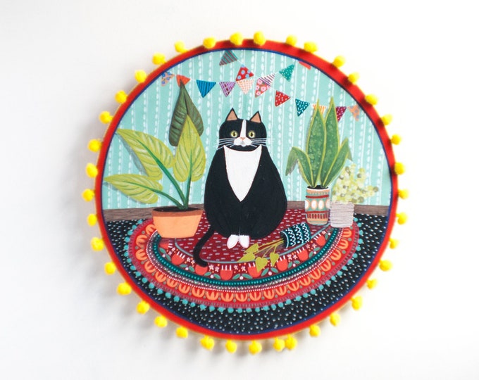 CAT KILLED PLANT 12" Round Gouache Painting | Detailed Room Painting | Derpy Cat and Silly Plant | Original Painting by Emily Rose Thomson