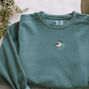 Comfort Color Sweatshirt, Bird Sweatshirt, Chickadee on Green, Crew Neck Sweatshirt for Nature Lovers, Gift For Her