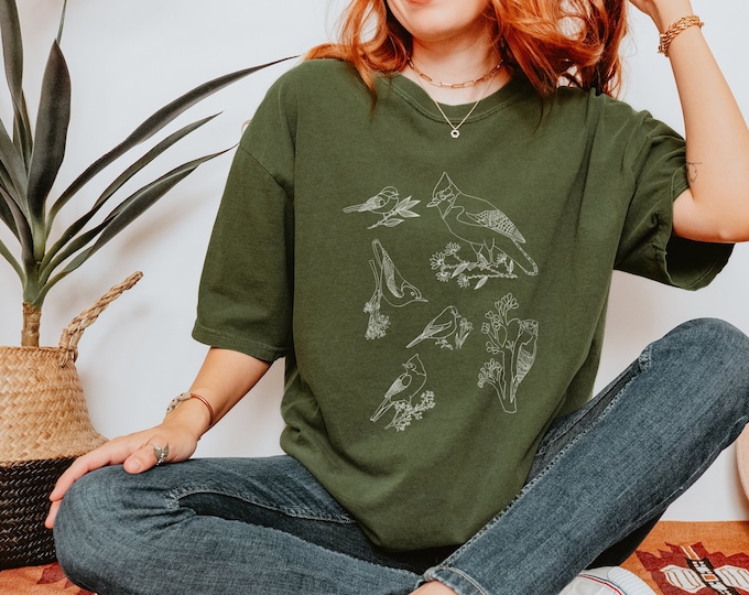 Bird TShirt | Backyard Birds Shirt | Comfort Colors | Bird Species Line Drawing by Emily Rose Thomson | Mother's Day Gift | Minimalist Tee