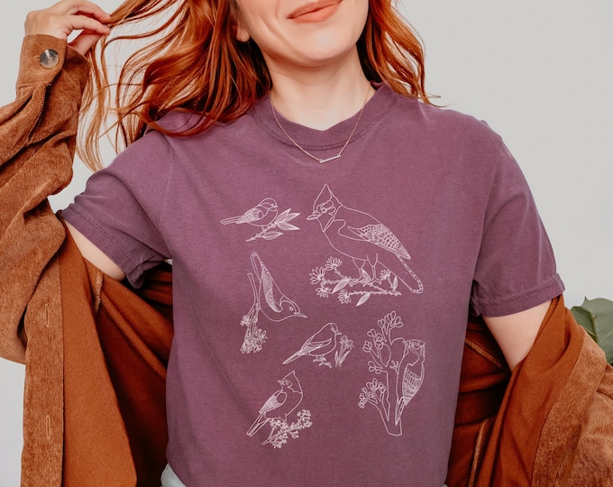 Bird TShirt | Backyard Birds Shirt | Comfort Colors | Bird Species Line Drawing by Emily Rose Thomson |  Gift | Minimalist Tee