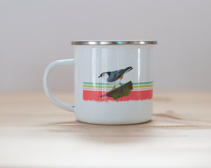 White-Breasted Nuthatch Enamel Coffee Mug| Bird Mug | 1970s Style Coffee Mug | 10oz Coffee Mug | Camp Mug