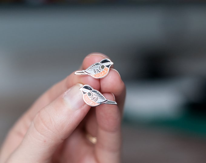 Chickadee Earrings | Small Birds with Pink Enamel | Nature Inspired Gift For Her | Bird Stud Earrings | Nature Jewelry |