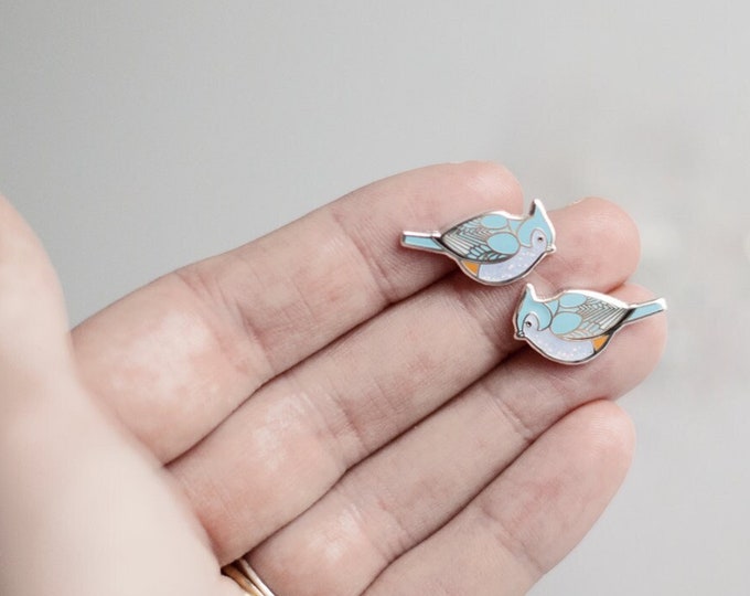 Titmouse Bird Enamel Stud Earrings | Tufted Titmouse | Nature Inspired Gift | Unique Gift for Mom | Cute Birdie Earrings | Handmade Gift