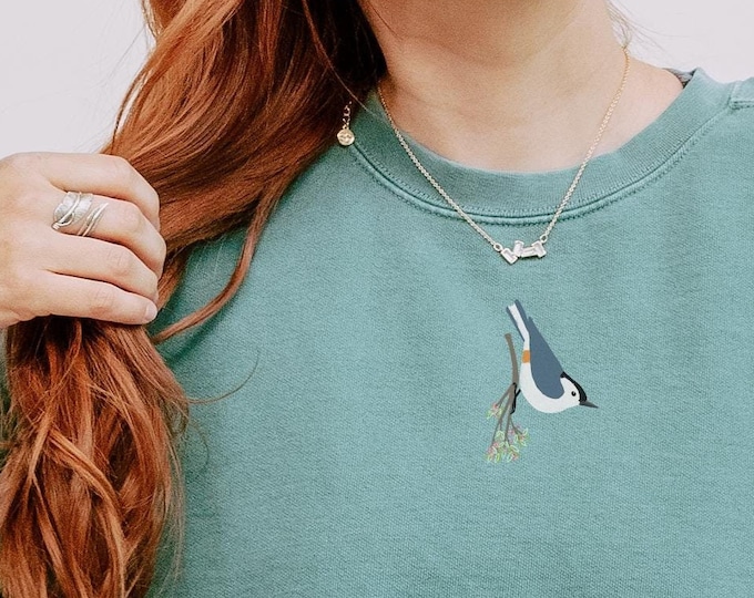 Comfort Color Sweatshirt |  Bird Sweatshirt | White Breasted NUTHATCH on GREEN | Crew Neck Sweatshirt for Nature Lovers | 1566 | Bird Nerd