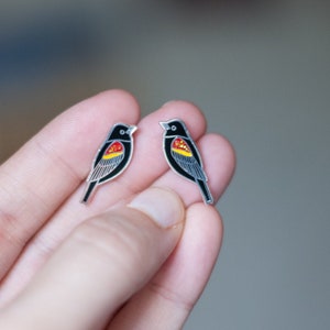 Redwing Blackbird Earrings | Enamel Jewelry | Stud Earrings | Song Bird | Post Earrings | Bird Jewelry