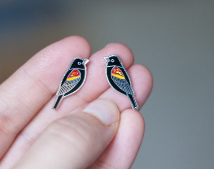 Redwing Blackbird Earrings | Enamel Jewelry | Stud Earrings | Song Bird | Post Earrings | Bird Jewelry