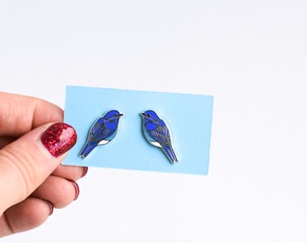 Mountain Bluebird Earrings: Enamel Bird Studs, Sterling Silver Posts