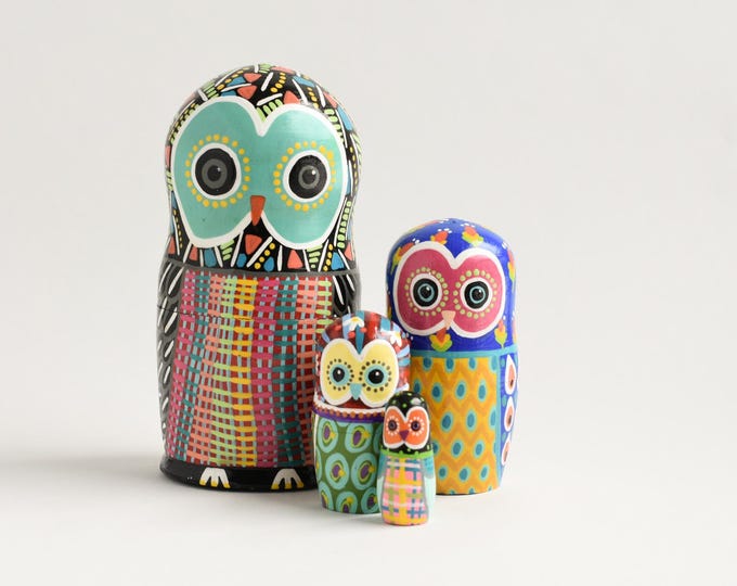Owl Nesting Dolls / Matryoshka Russian Dolls / Set of 5 / Colorful / Geometric / Art Dolls