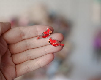 Cardinal Bird Stud Earrings | Enamel Bird Earrings | Nature Inspired Jewelry | Unique Gift for Her