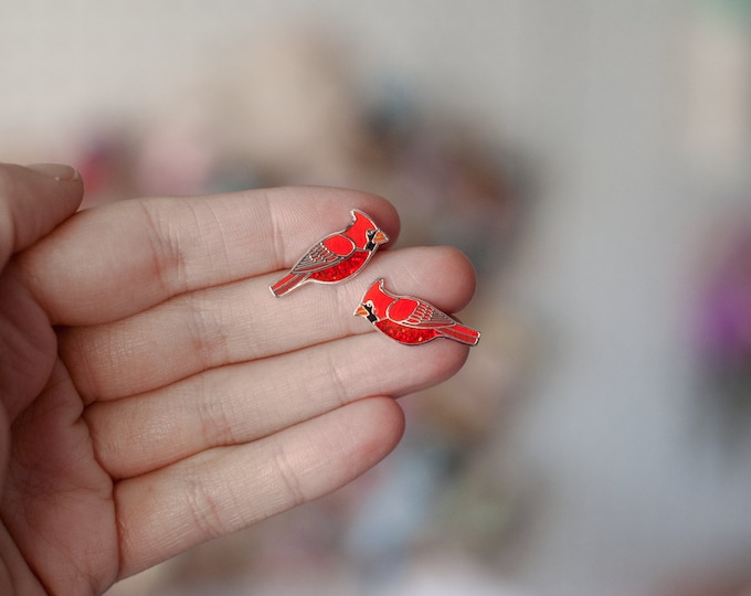 Cardinal Bird Stud Earrings | Enamel Bird Earrings | Nature Inspired Jewelry | Unique Gift for Her