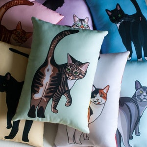 May include: A collection of nine decorative pillows featuring various cat illustrations. The pillows are made of soft fabric and have a variety of colors, including pink, blue, green, and beige. Each pillow features a different cat breed, including a tabby cat, a black cat, a calico cat, and a gray cat.