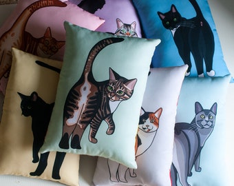 Wähle dein Katzenkissen / Wähle aus 9 verschiedenen Katzen / Lustige Illustration / Original Kunst / Bunt / NEUE Katzen HINZUGEFÜGT!