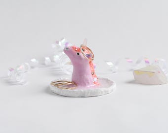 Pink Unicorn Ring Dish: Clay Jewelry Holder with Quartz Horn