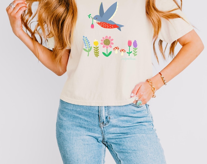 Cute Blue Bird with Flowers Boxy Tee | Nature Folk Art | Comfort Colors T Shirt | Gift for Women | Colorful & Whimsical Nature Apparel