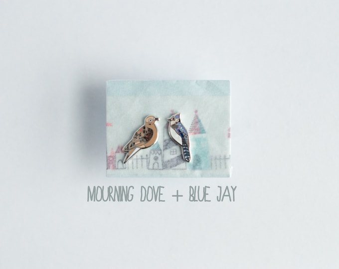 Misfit Enamel Bird Earrings | Mourning Dove + Blue Jay  | Enamel Jewelry | Stud Earrings | Song Bird | Post Earrings | Bird Jewelry