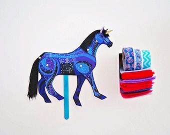 DIY Blue Unicorn Articulated Paper Doll: Party Favor (Digital Download)