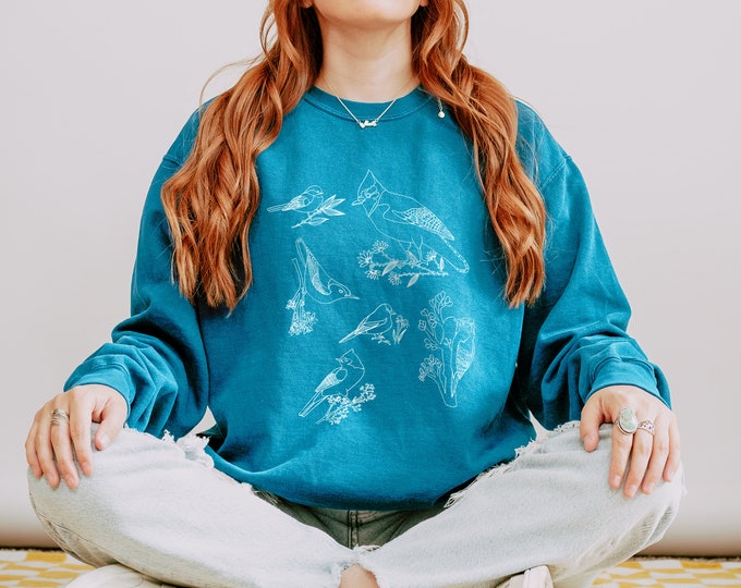 Bird Sweatshirt | Backyard Birds Sweater | Comfort Colors | Bird Species Line Drawing by Emily Rose Thomson |  Gift | Minimalist