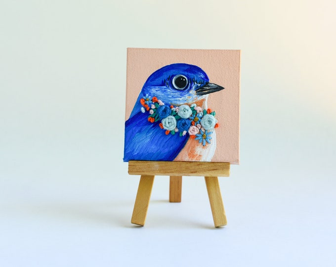 Eastern Bluebird Painting | with Embroidered Flowers | Song Bird Painting | 3x3 | Acrylic | Original Painting | Mixed Media Painting