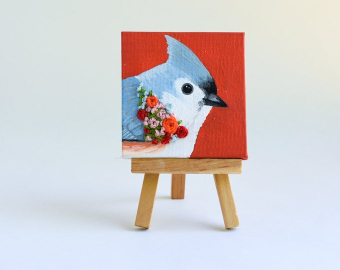 Tufted Titmouse Painting | with Embroidered Flowers | Song Bird Painting | 3x3 | Acrylic | Original Painting | Mixed Media Painting