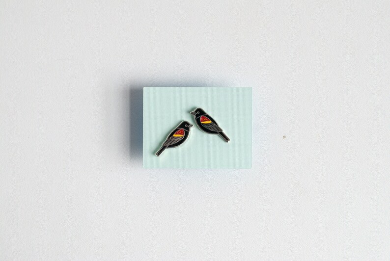 Redwing Blackbird Earrings | Enamel Jewelry | Stud Earrings | Song Bird | Post Earrings | Bird Jewelry image 3